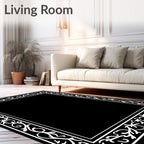 Black White Scrollwork Floral Border Rug