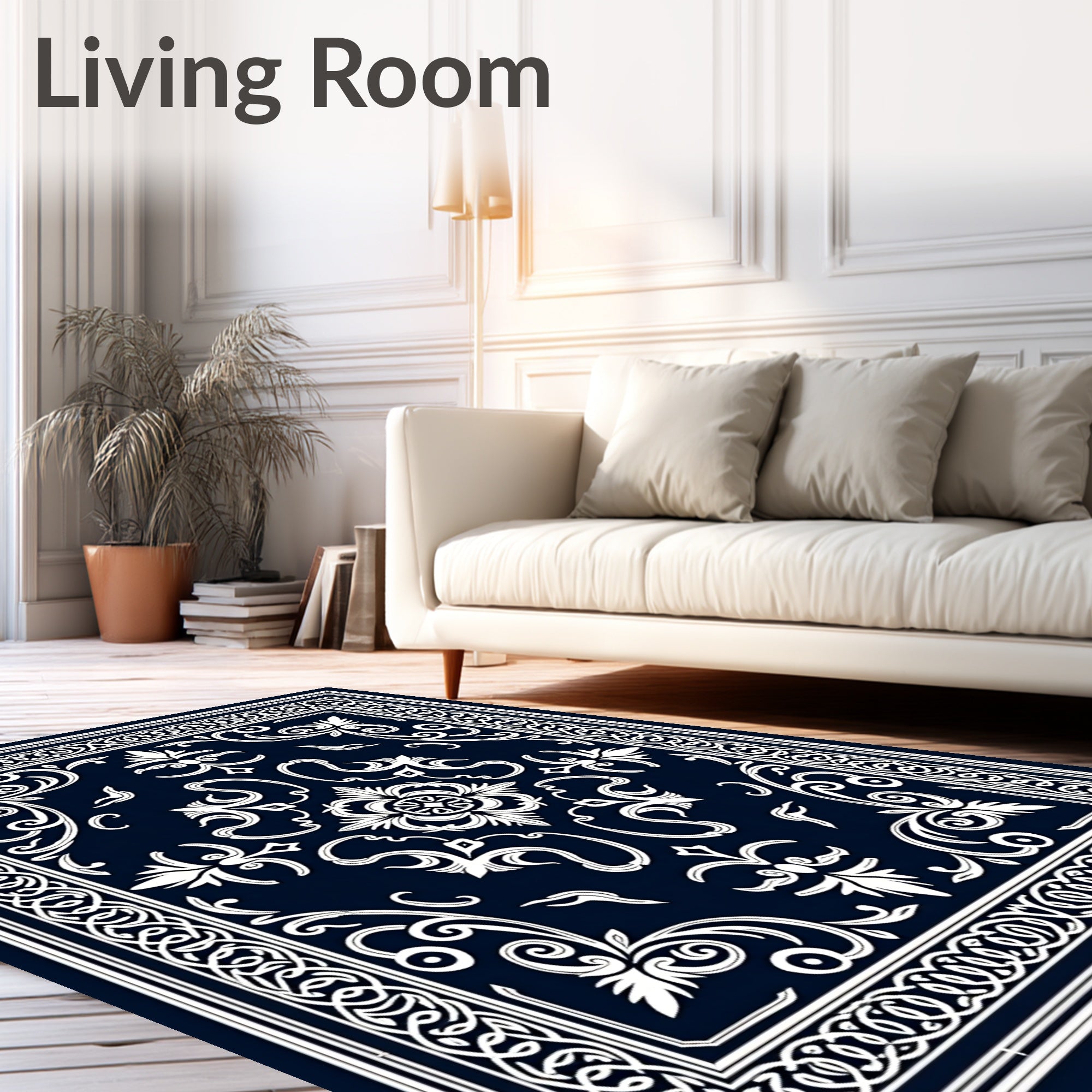 Intricate Floral Scrollwork Dark Blue Rug