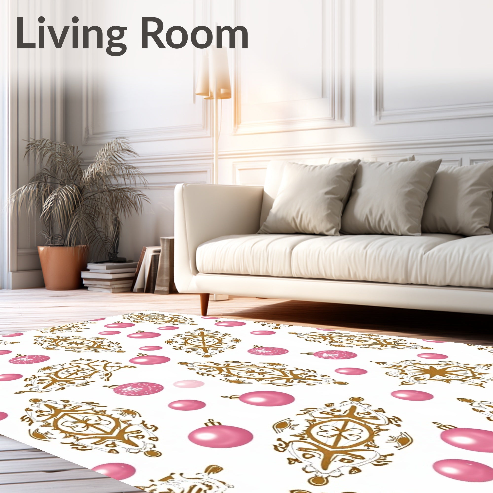 Gold Pink Ornate Holiday Ornaments Rug