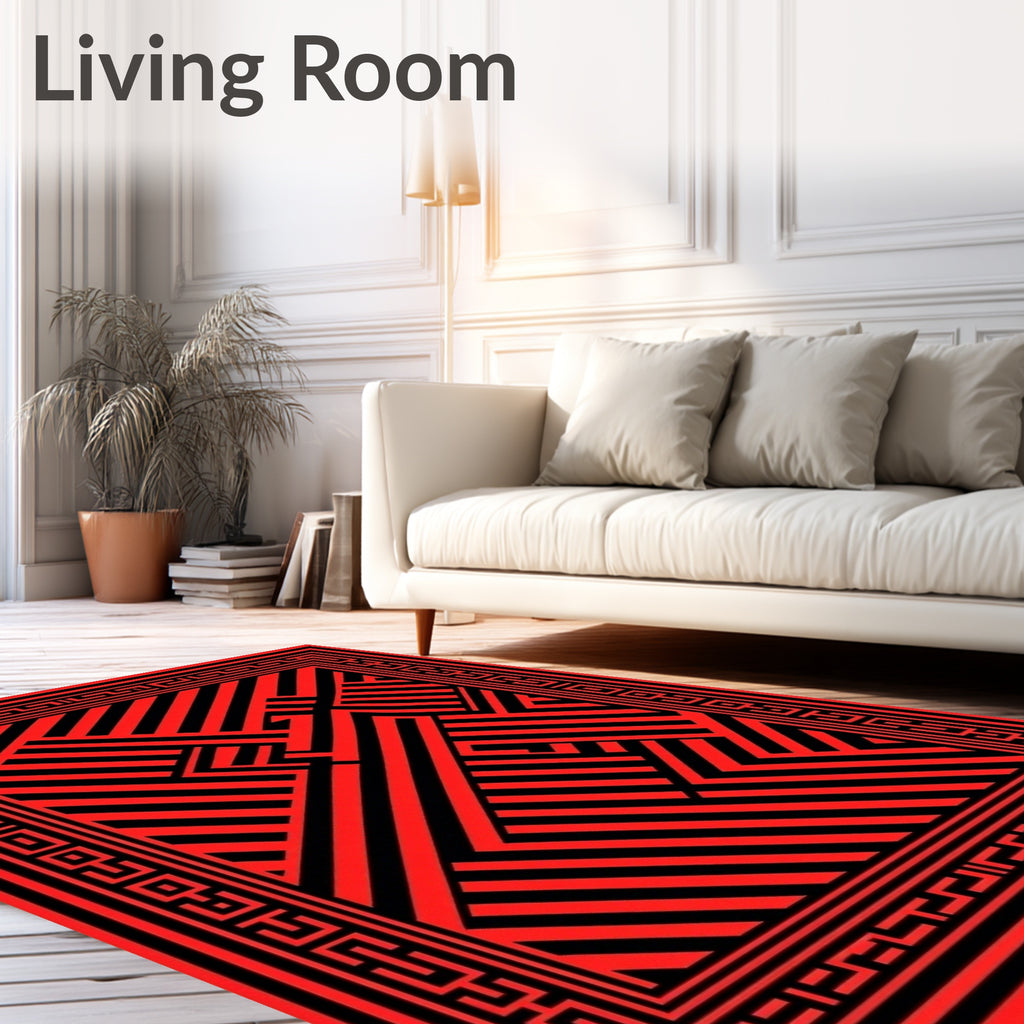 Bold Red Black Linear Maze Design Rug