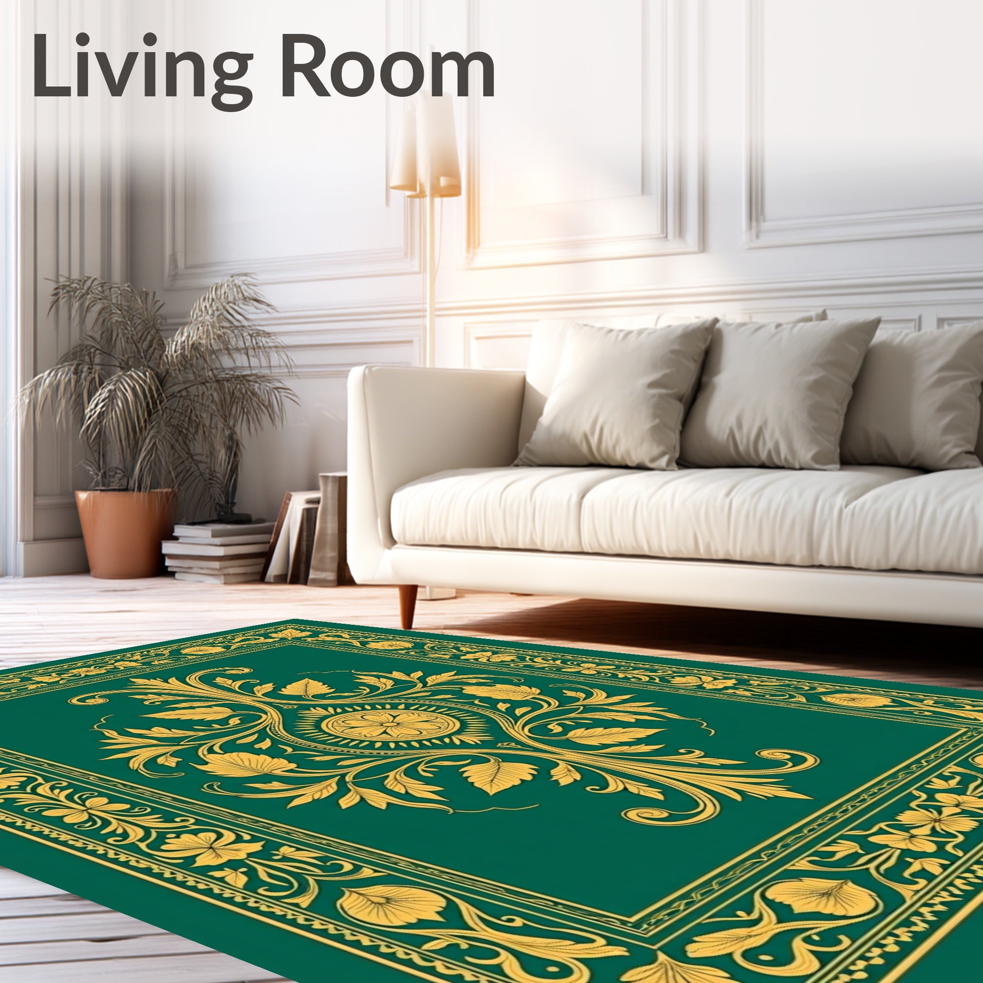 Elegant Green Floral Scroll Pattern Rug