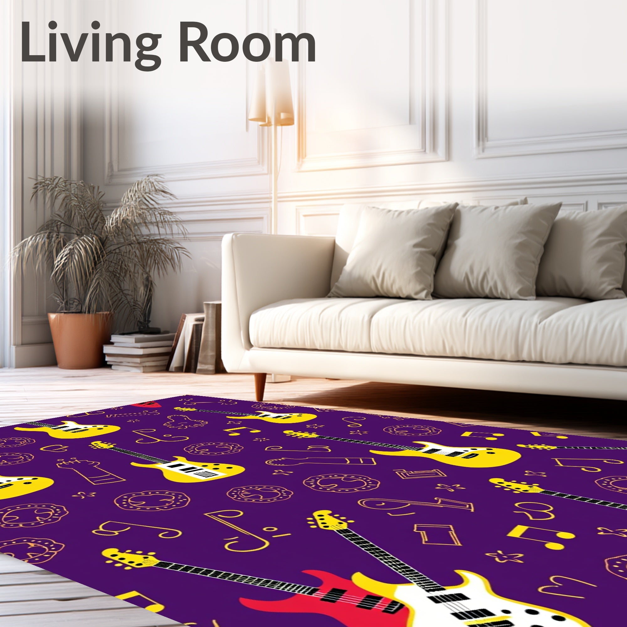 Yellow Electric Guitars Musical Notes Pattern Rug