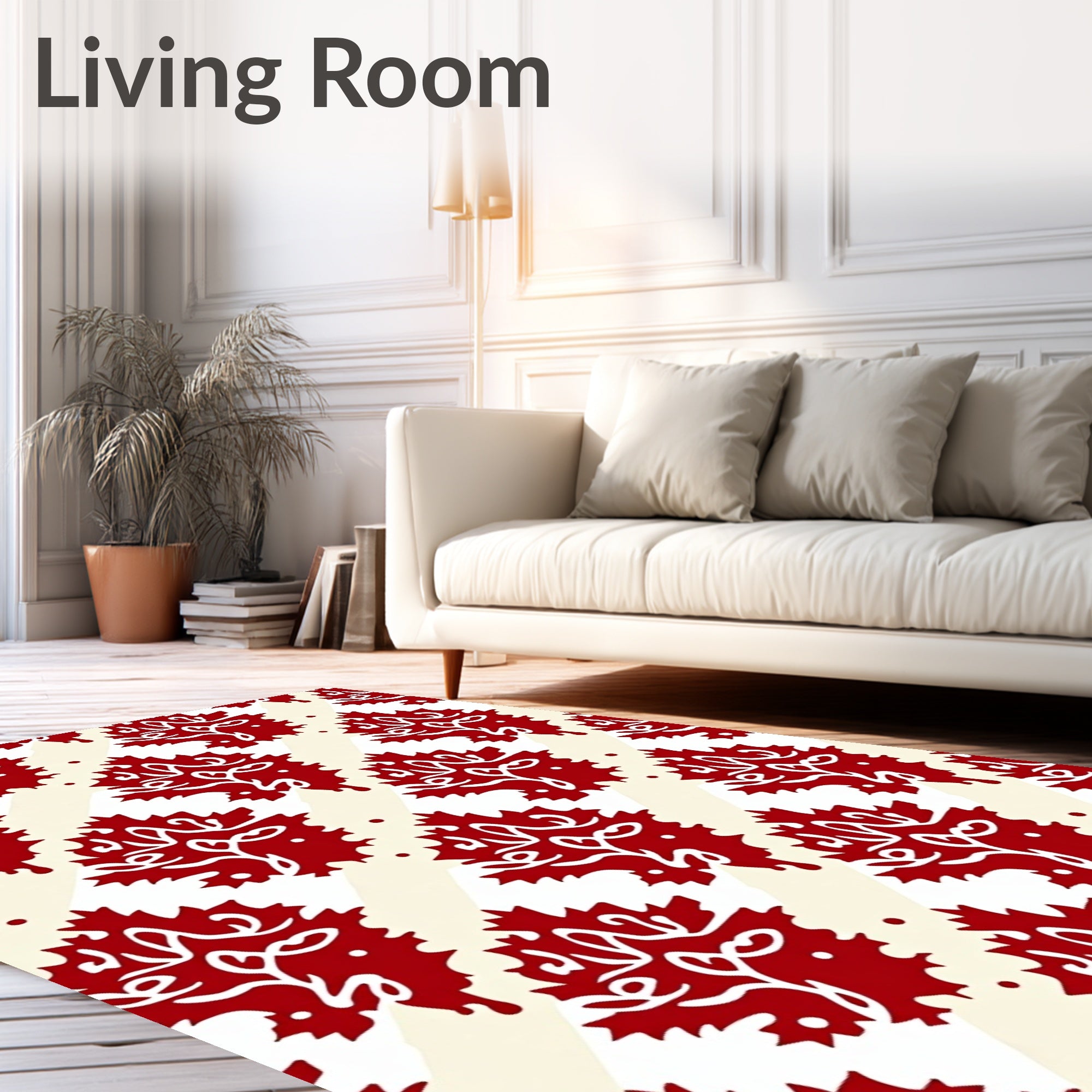 Red White Leafy Diagonal Pattern Rug