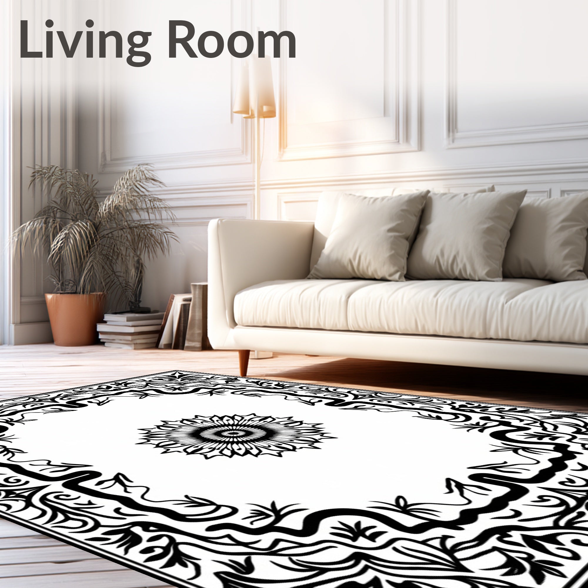 Floral Mandala Black White Pattern Rug