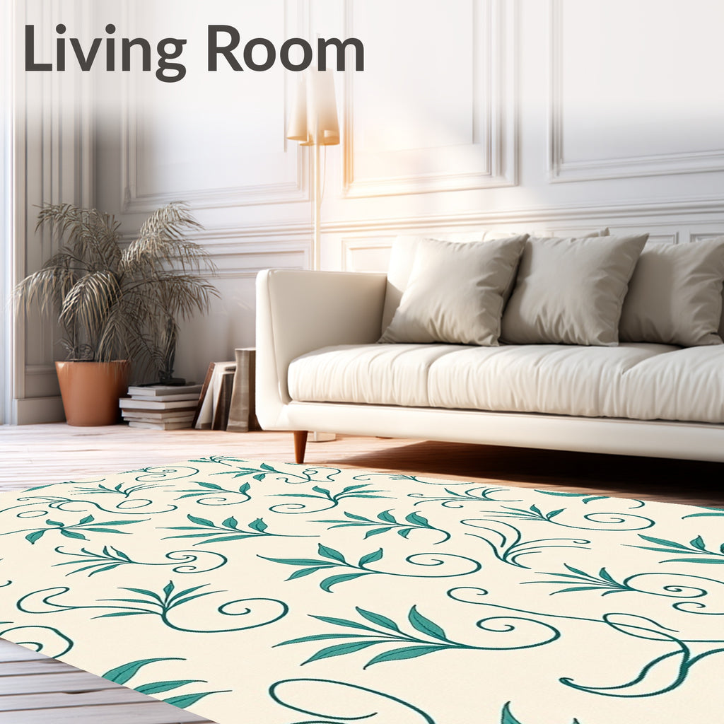 Delicate Teal Leaf Flourish Pattern Rug