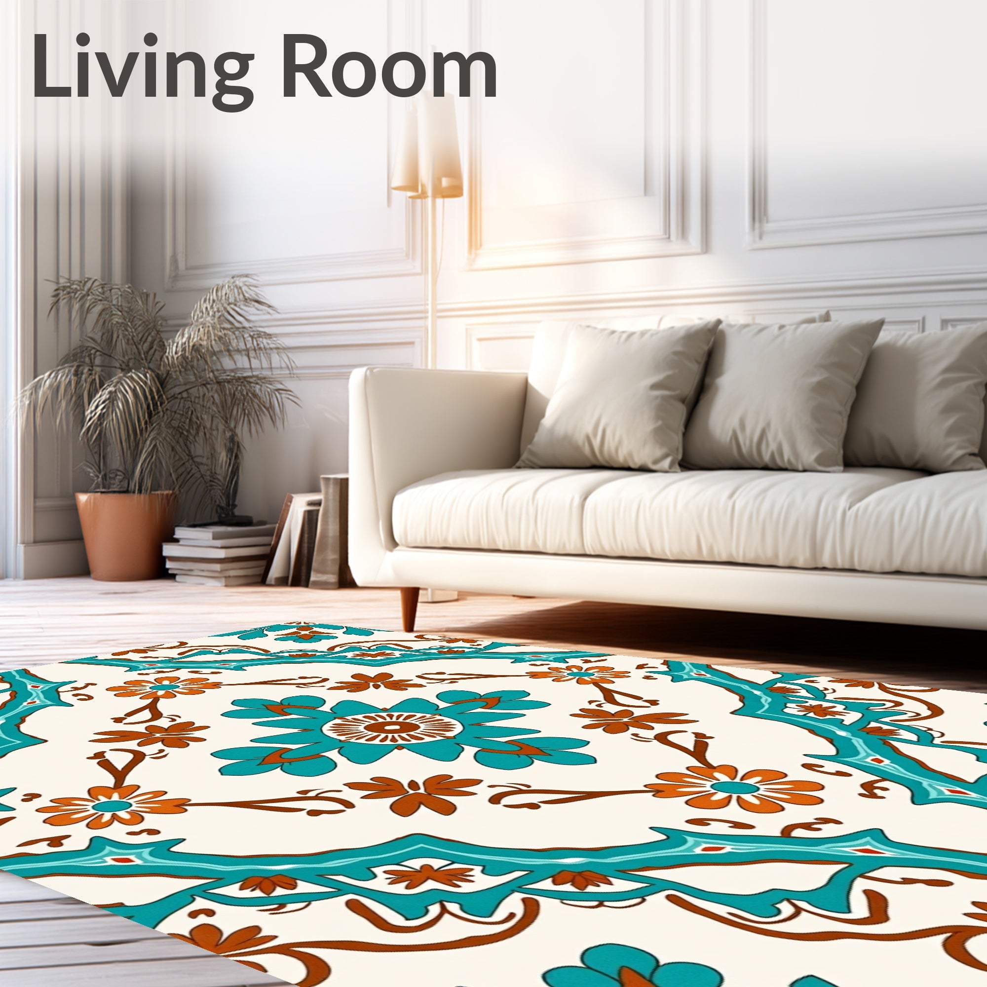 Turquoise And Orange Floral Symmetry Rug