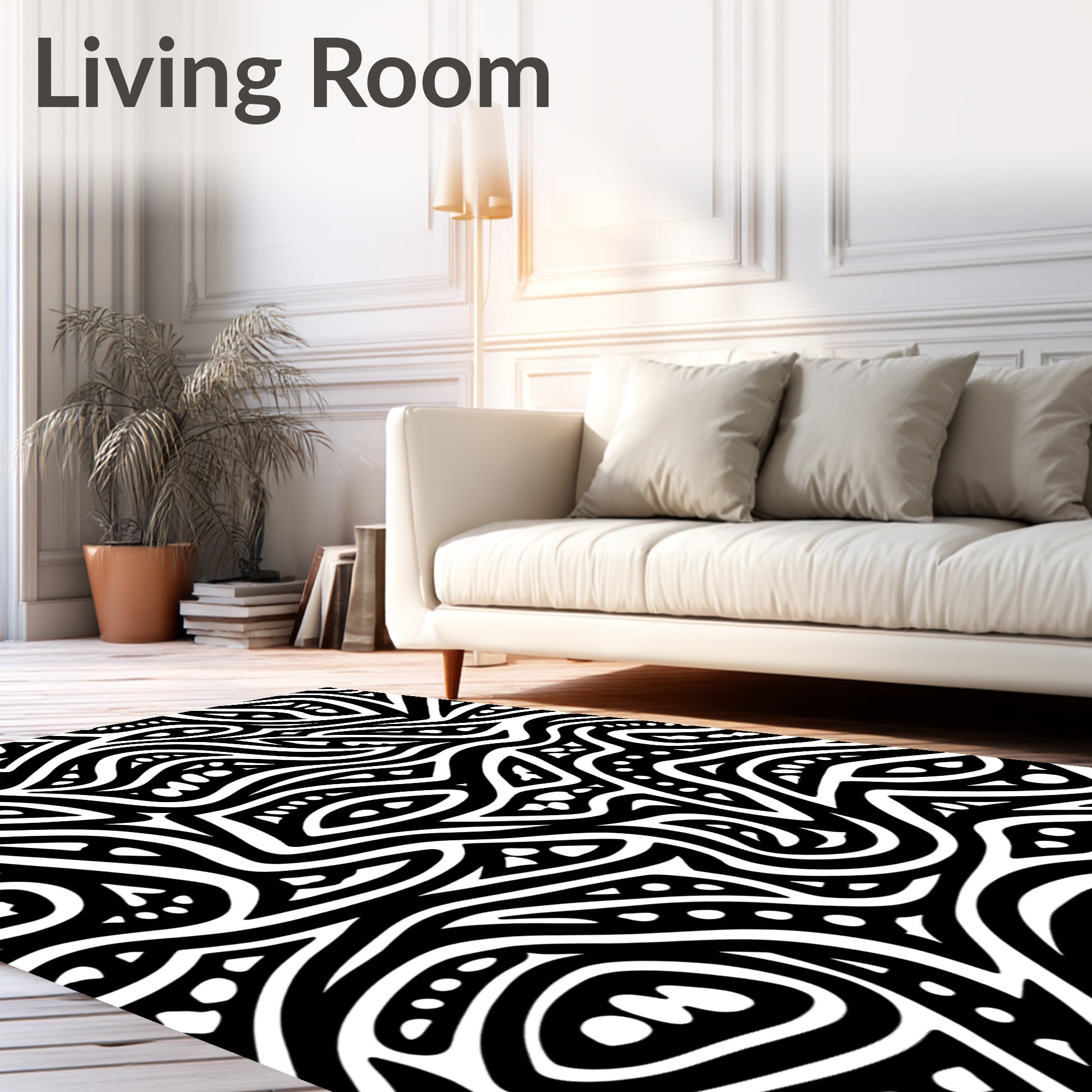 Abstract Black White Wavy Pattern Rug