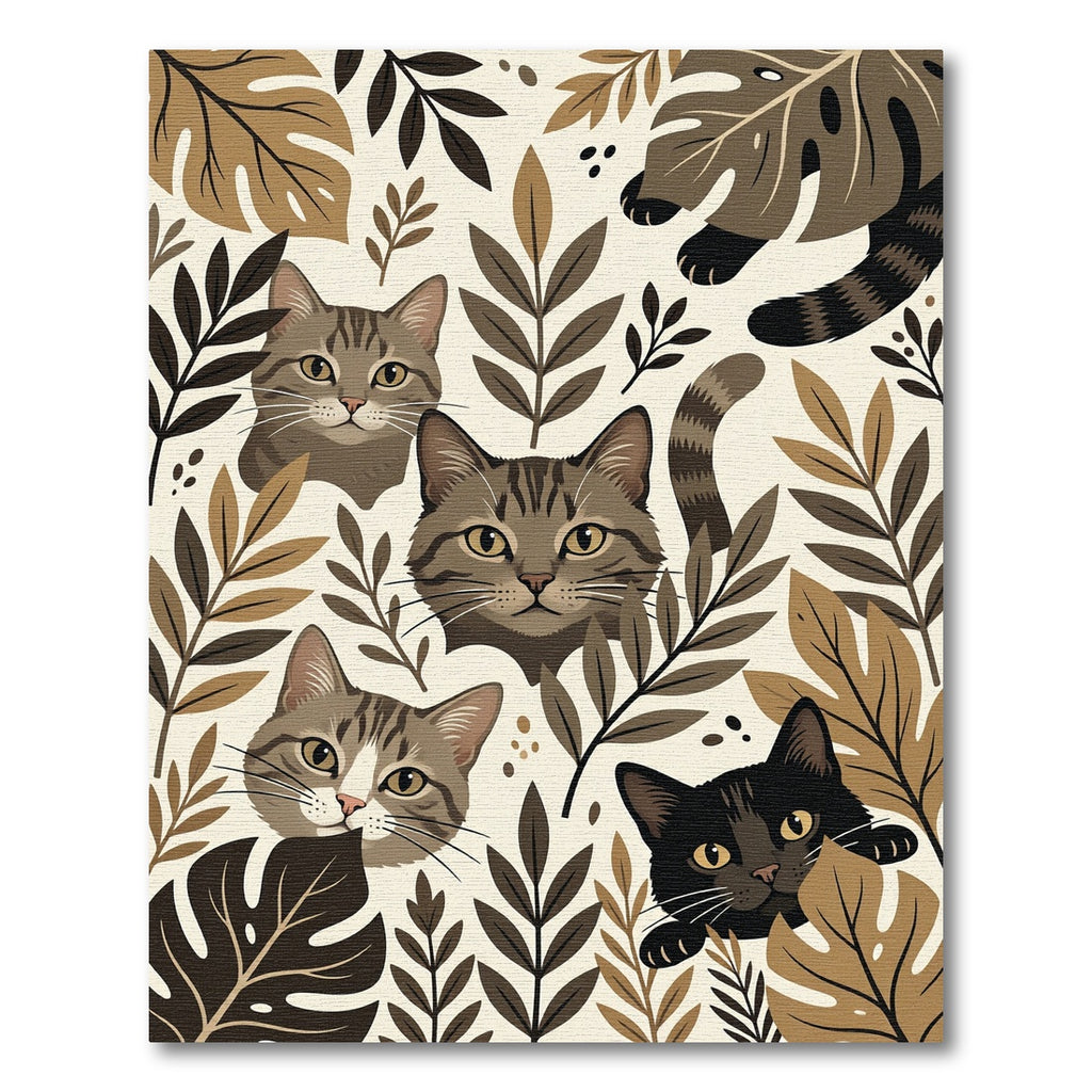 Earthy Neutral Cat and Leaf Illustration Rug