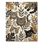 Earthy Neutral Cat and Leaf Illustration Rug