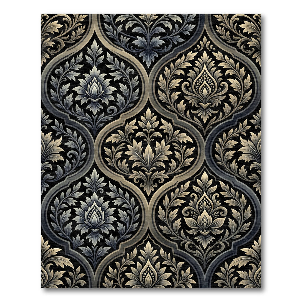 Ornate Black Gray Floral Damask Rug