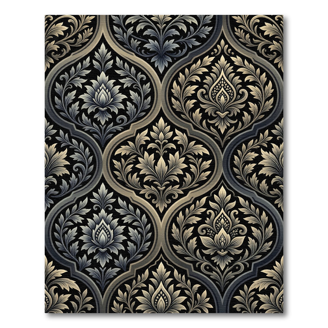 Ornate Black Gray Floral Damask Rug