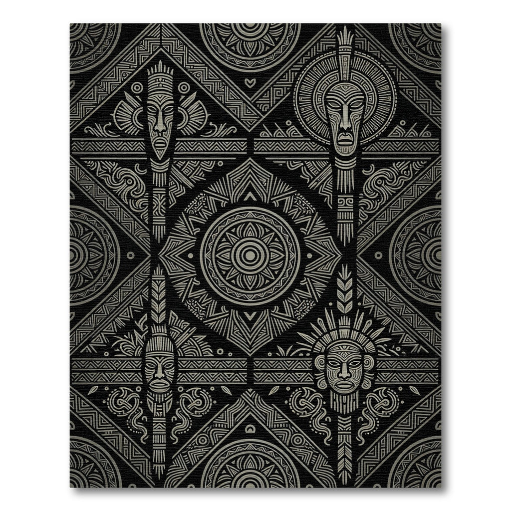 Tribal Mask Geometric Grey Pattern Rug