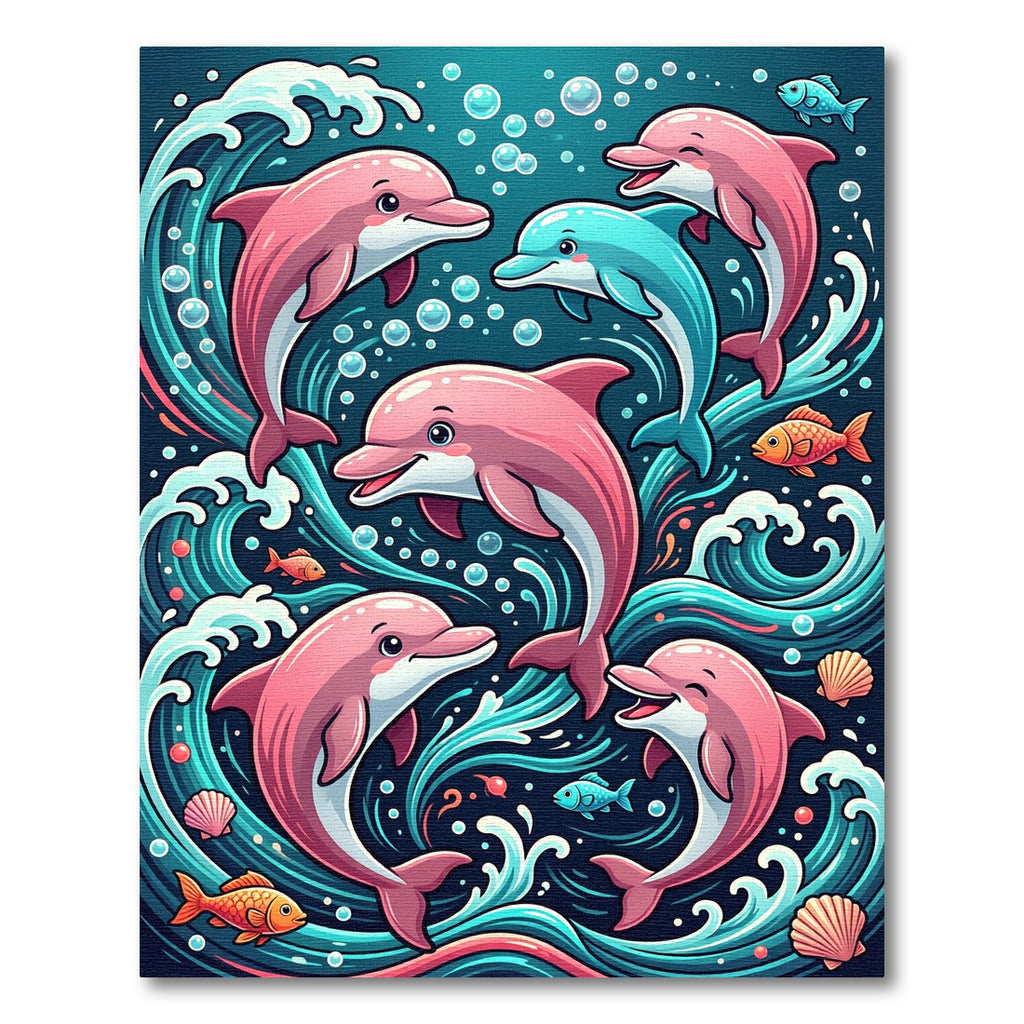 Whimsical Pink Dolphin Ocean Wave Art Rug