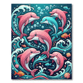 Whimsical Pink Dolphin Ocean Wave Art Rug