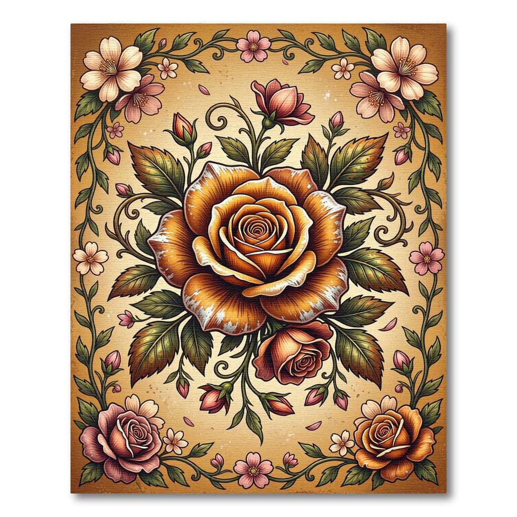 Antique Golden Rose Floral Bouquet Rug
