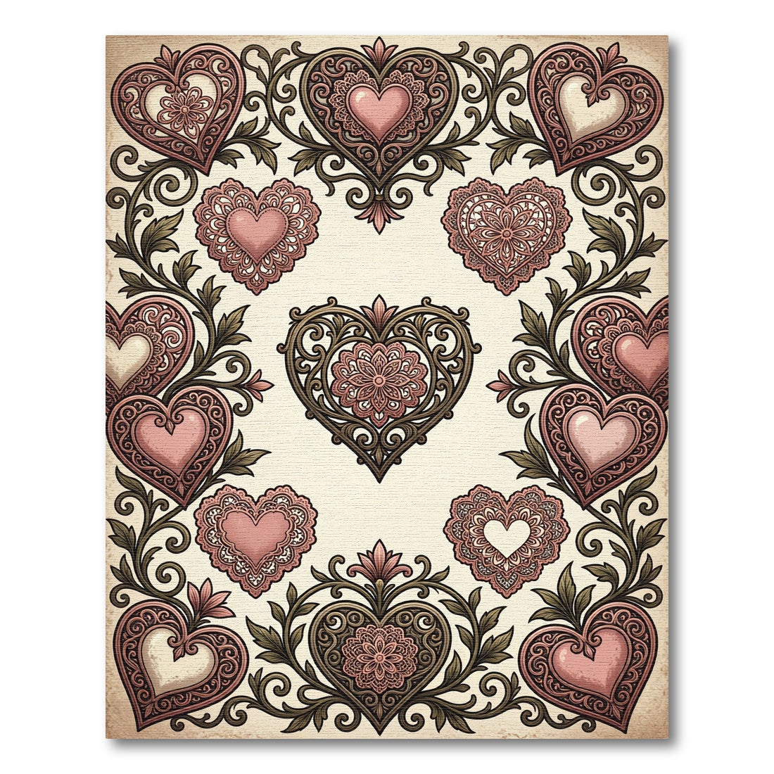 Ornate Pink Heart Scrollwork Garland Rug