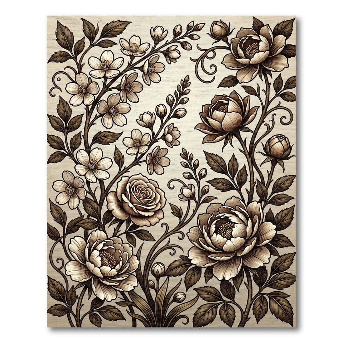 Elegant Sepia Floral Botanical Scroll Rug