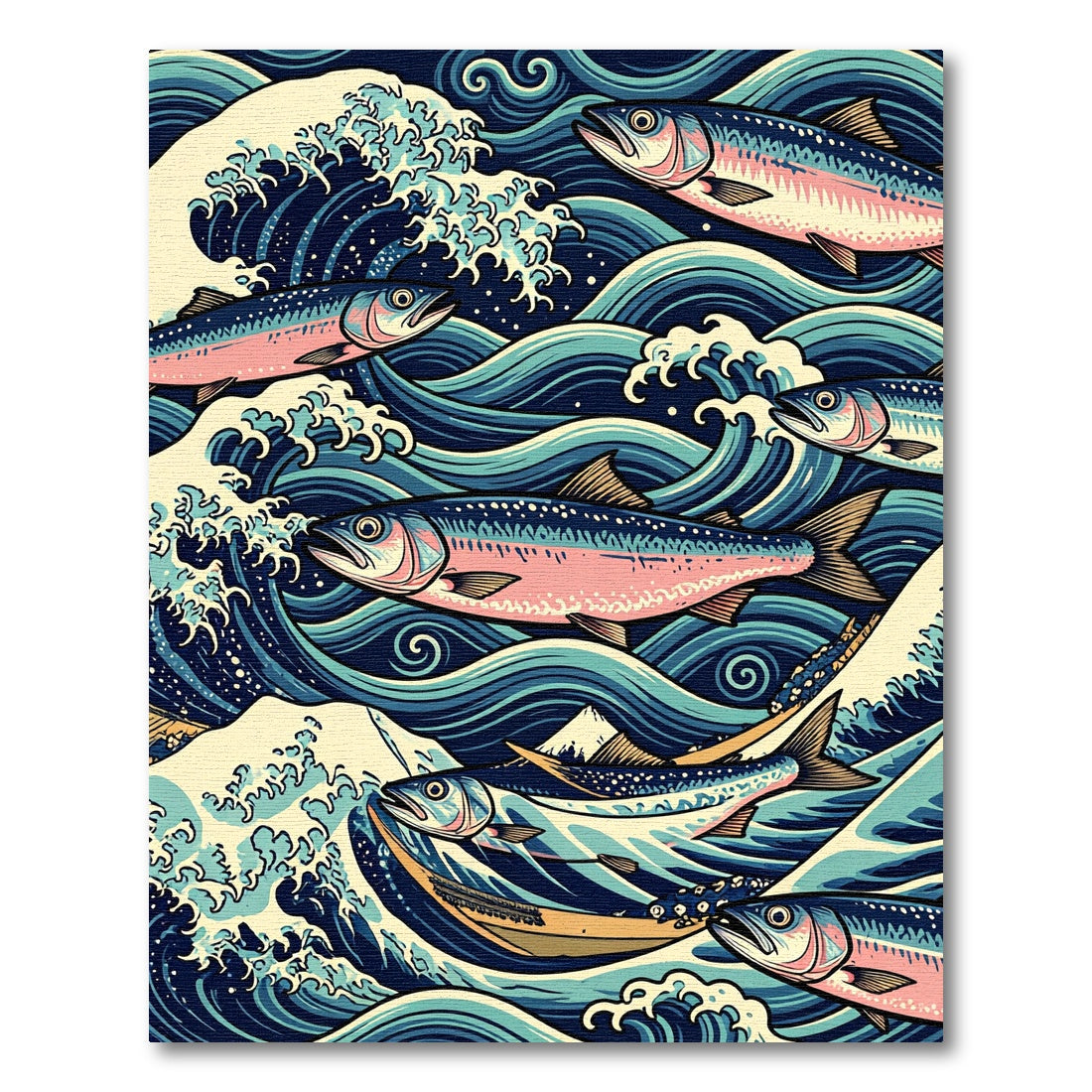 Japanese Wave Indigo Salmon Art Rug