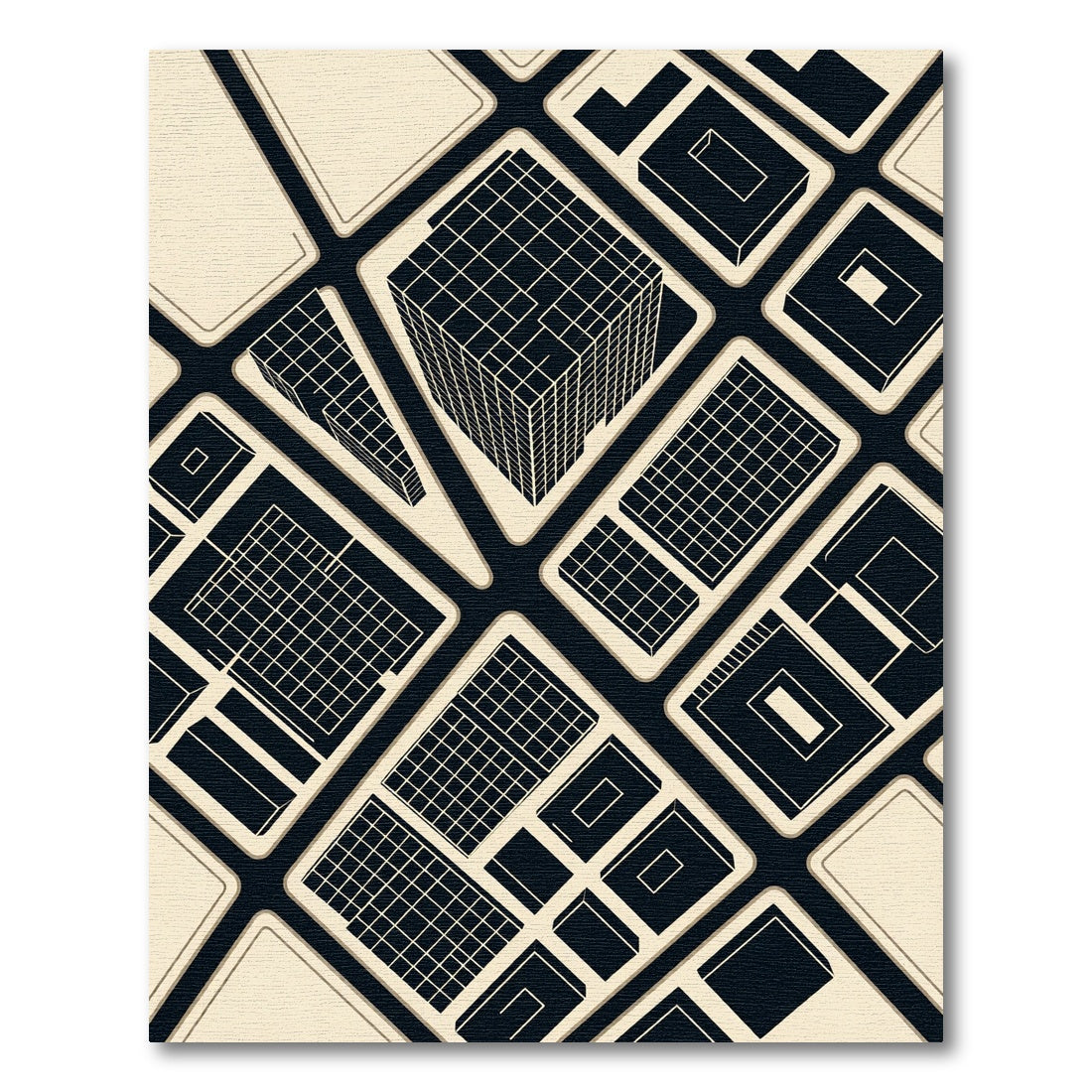 Modern Black and Cream Architectural Grid Rug