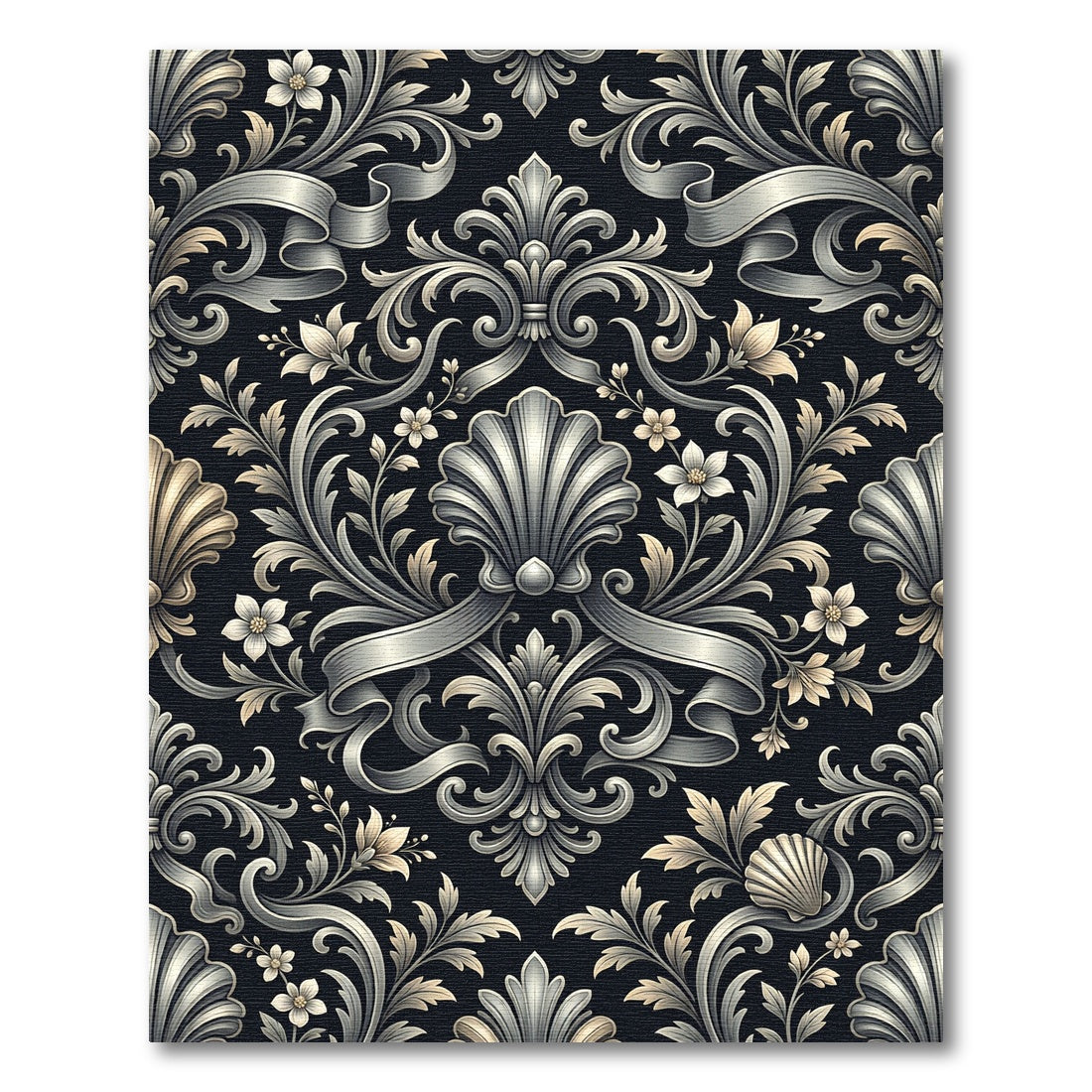 Ornate Black Floral Scroll Ribbon Rug