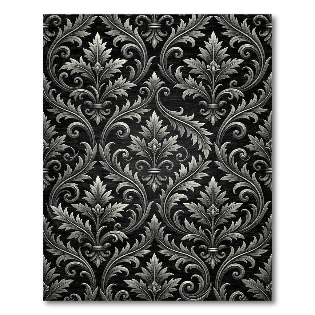 Ornate Silver Leaf Black Scroll Rug