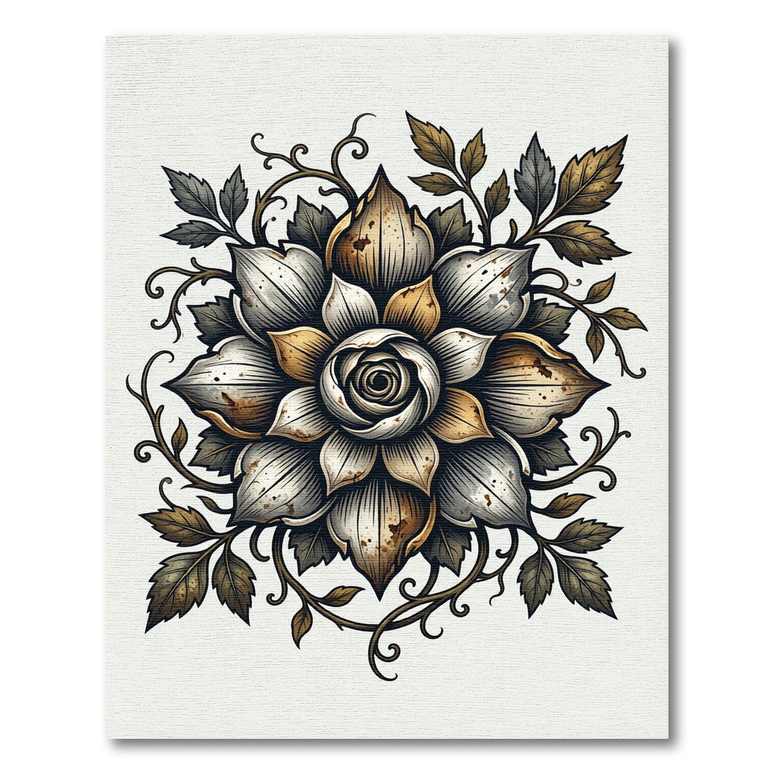 Antique Metallic Gold and Silver Rose Rug