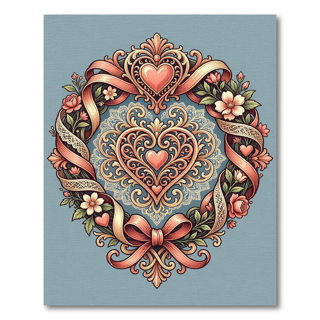 Ornate Heart Wreath Floral Ribbon Rug