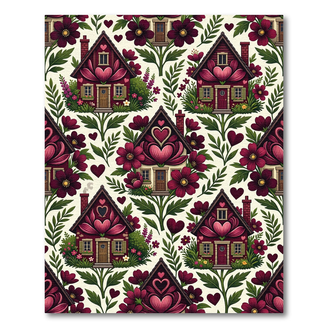Crimson Floral Houses Heart Garden Rug