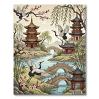 Vintage Serene Pagoda Crane Garden Scene Rug