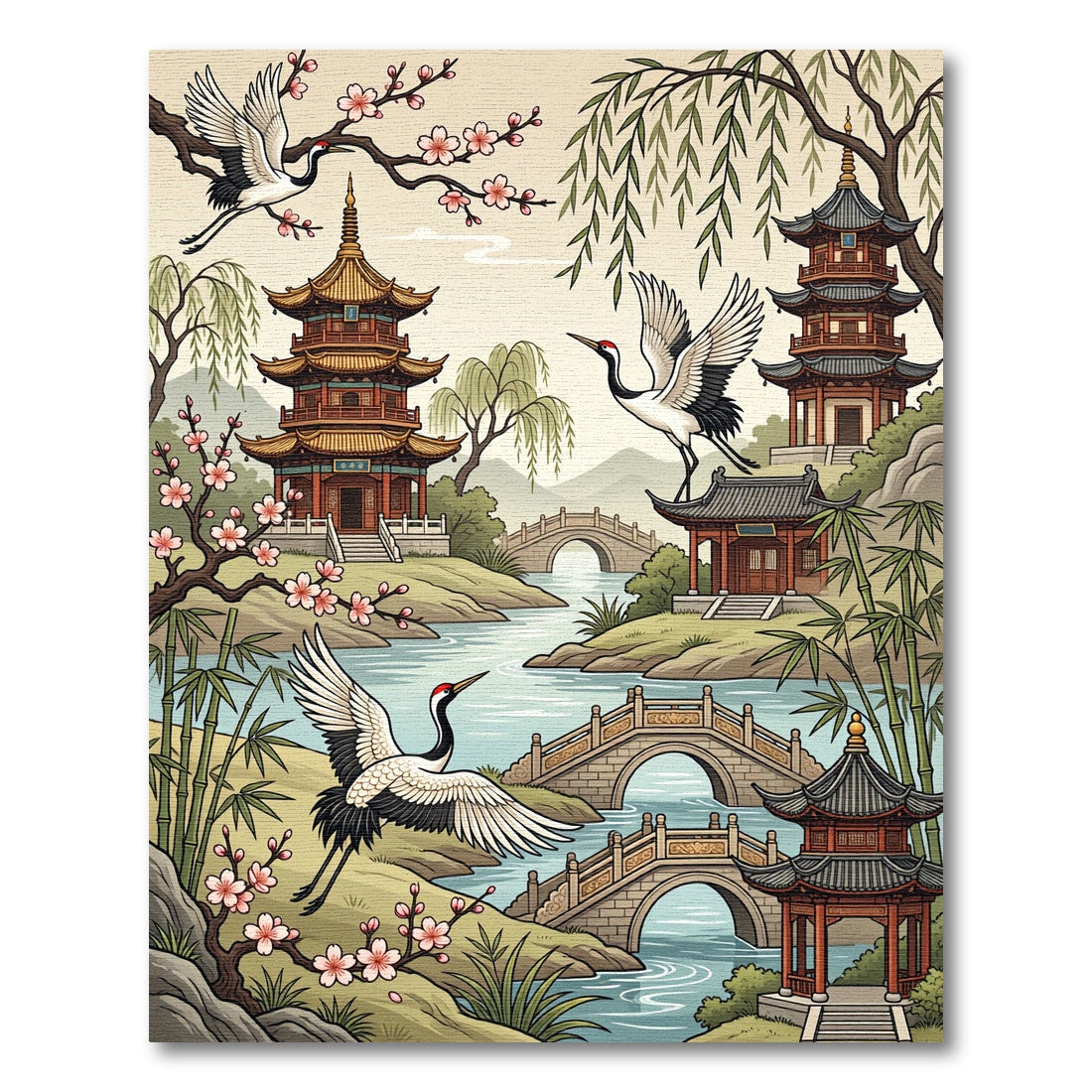 Vintage Serene Pagoda Crane Garden Scene Rug