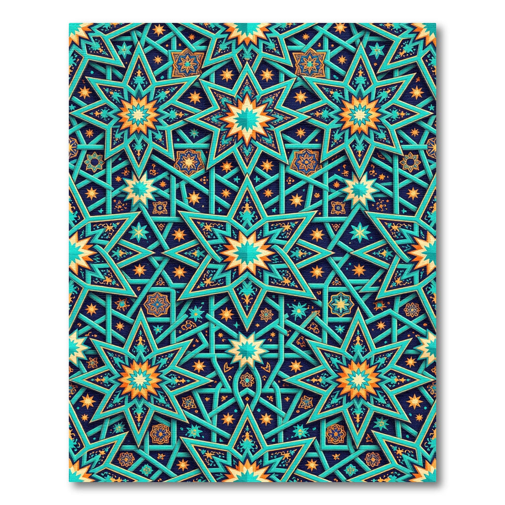 Intricate Teal and Gold Star Geometric Rug