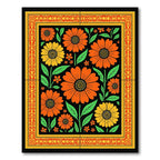 Bold Orange Yellow Floral Border Black Rug