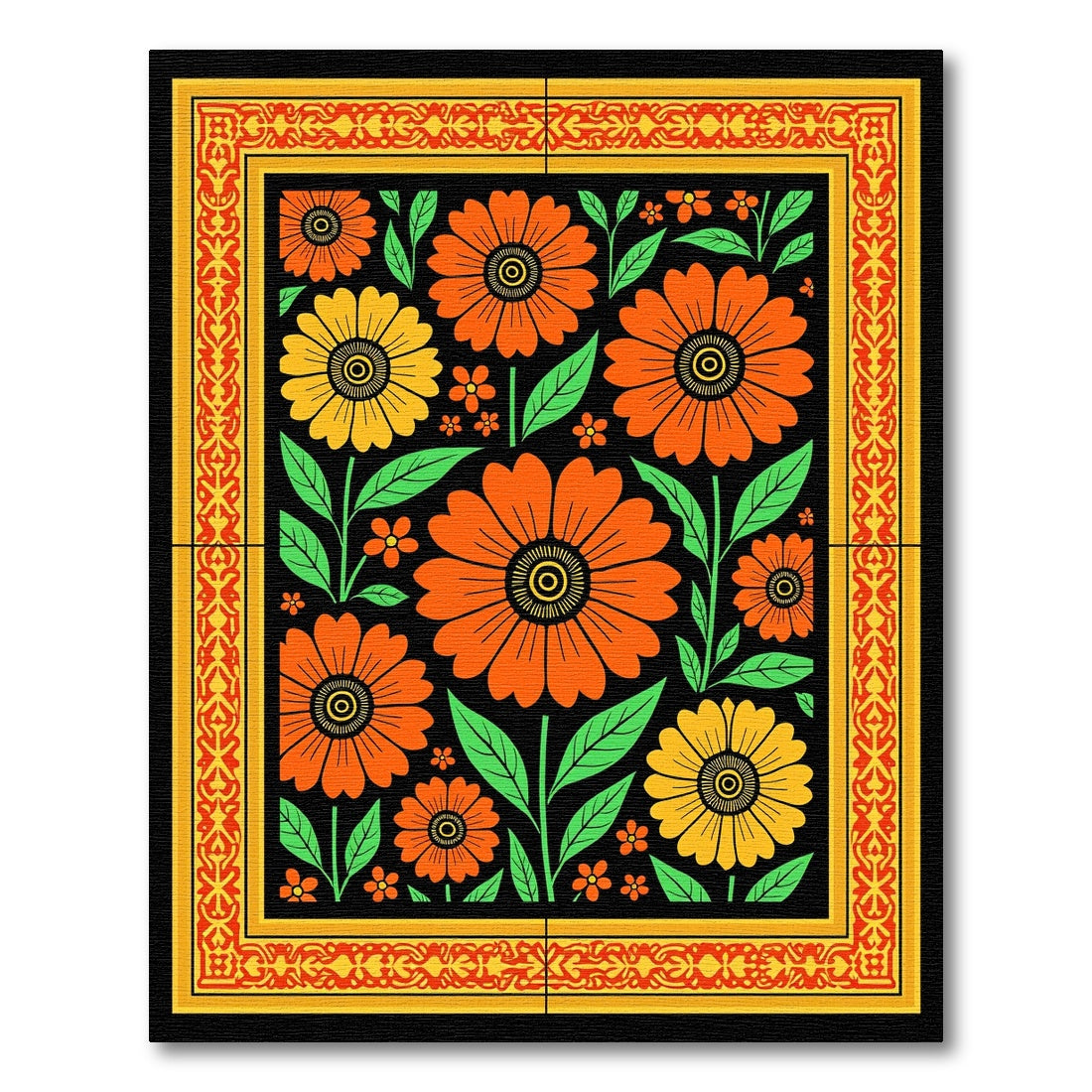 Bold Orange Yellow Floral Border Black Rug