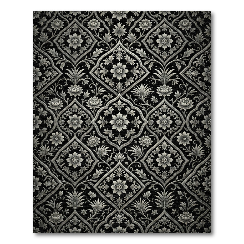 Ornate Black Floral Lattice Relief Rug