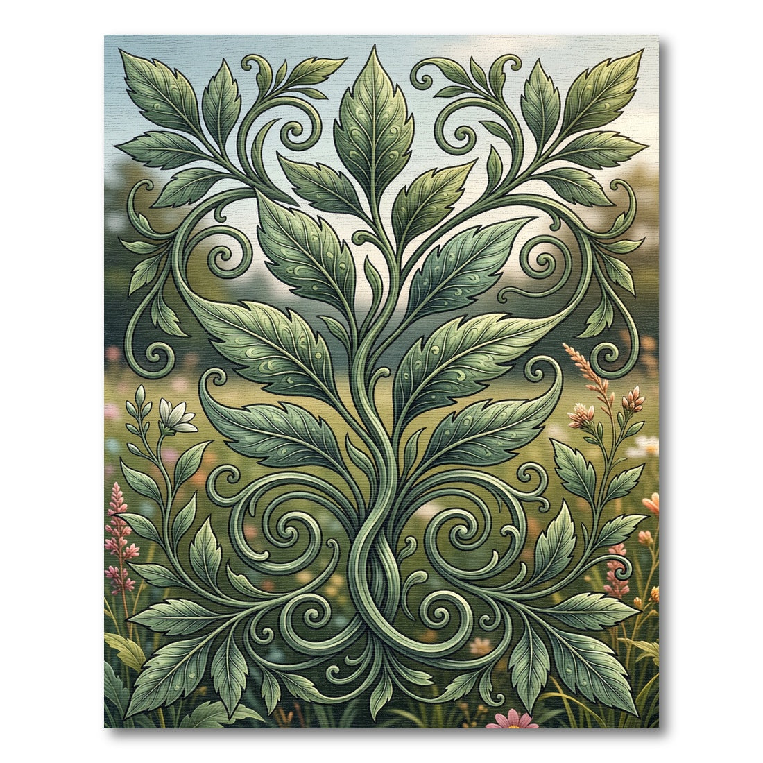 Symmetrical Sage Leaf Scroll Garden Art Rug