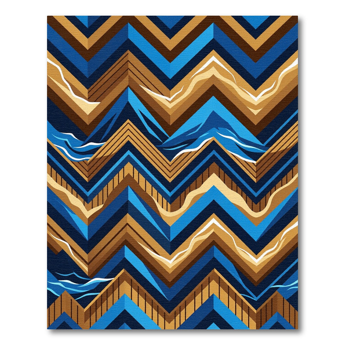 Geometric Blue and Gold Chevron Wave Rug