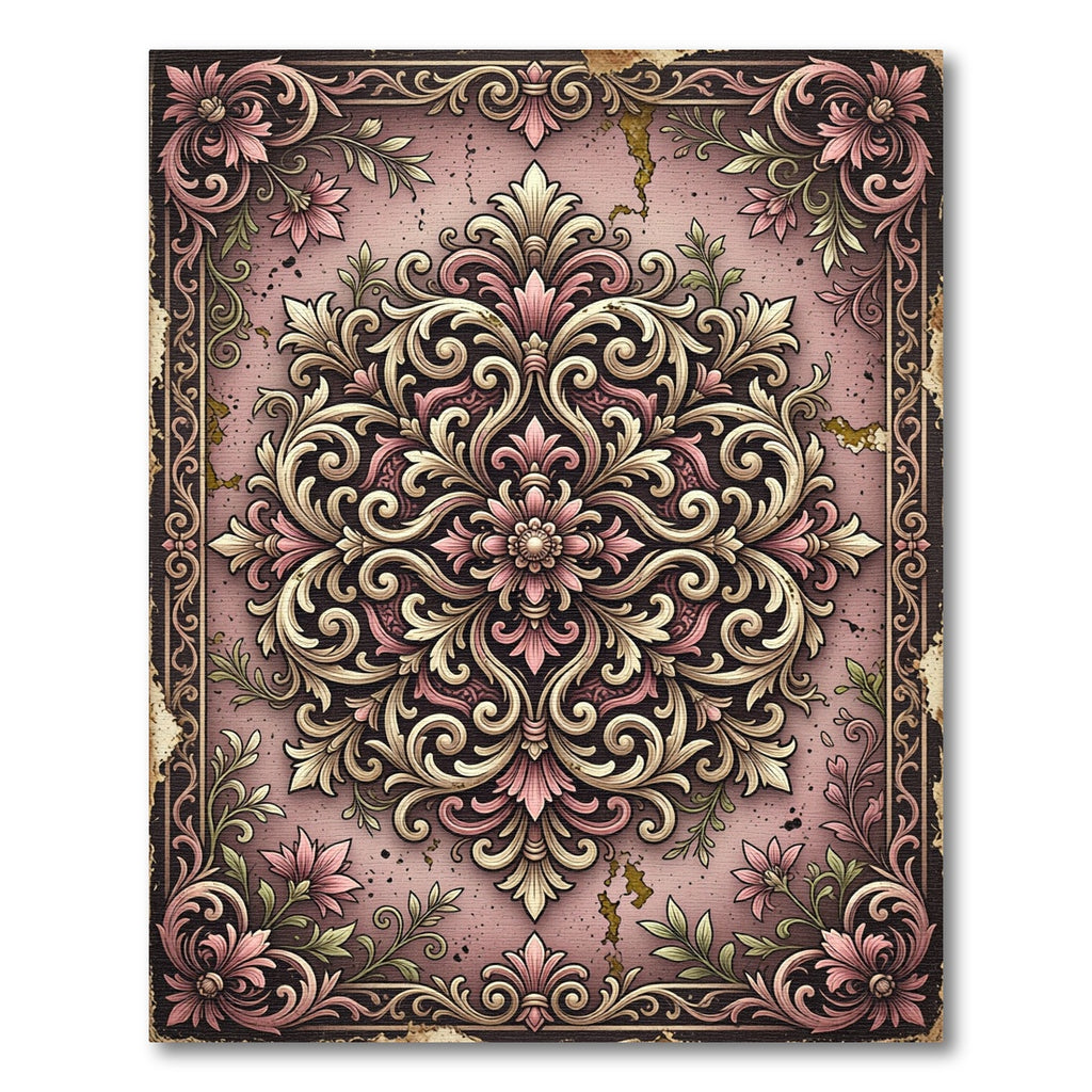 Vintage Dusty Rose Ornate Scroll Medallion Rug