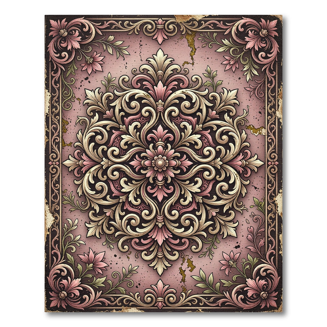 Vintage Dusty Rose Ornate Scroll Medallion Rug