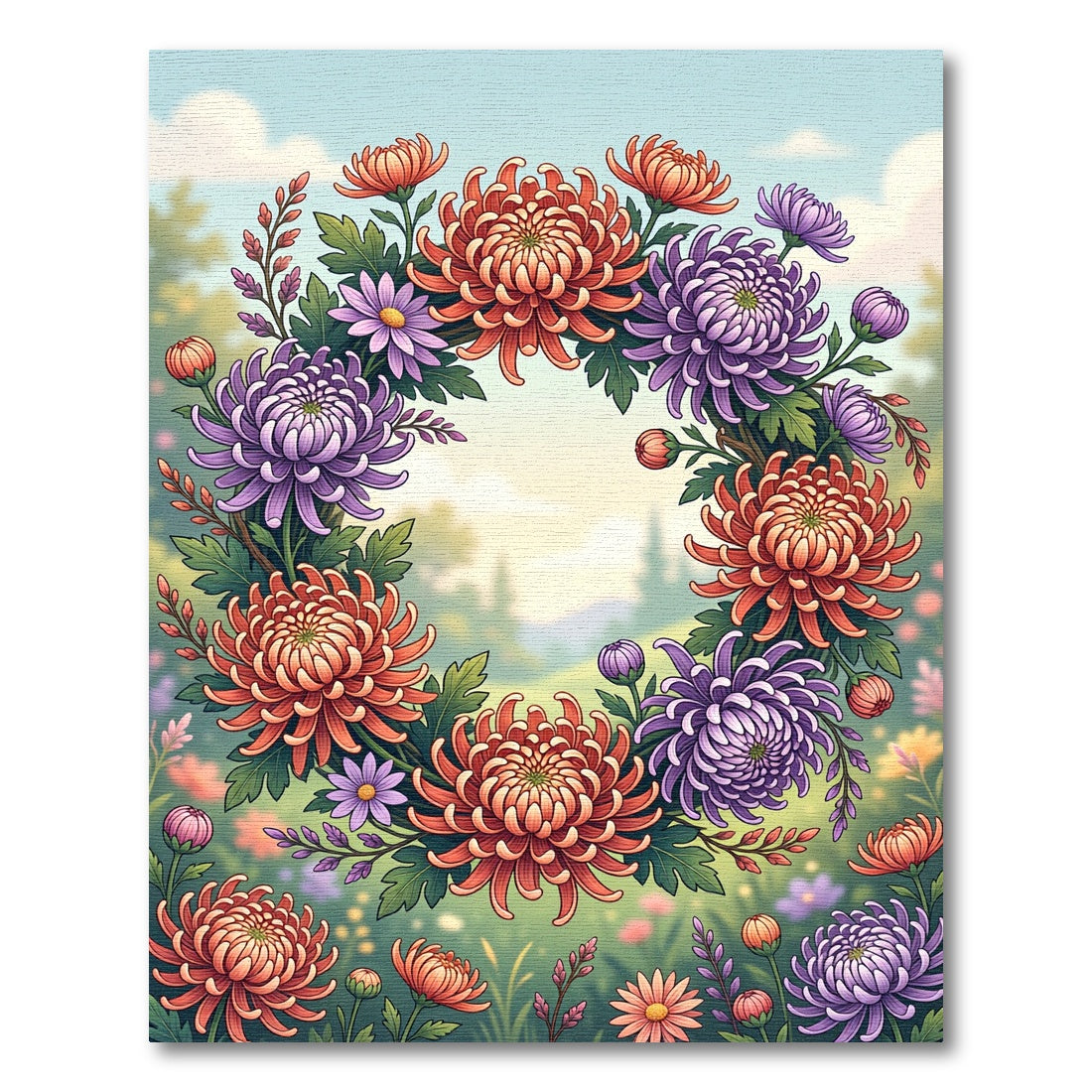 Vibrant Autumn Chrysanthemum Floral Wreath Rug