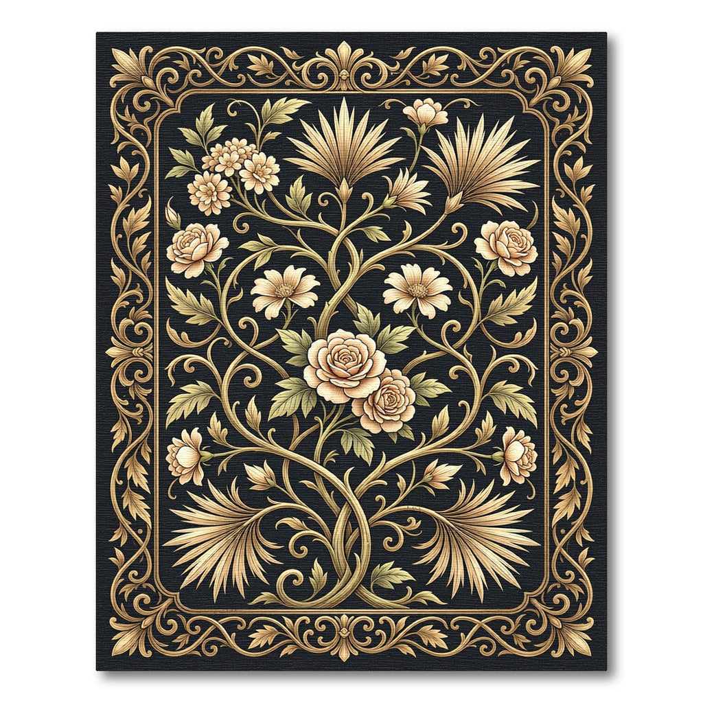 Golden Rose Vine Bordered Botanical Medallion Rug