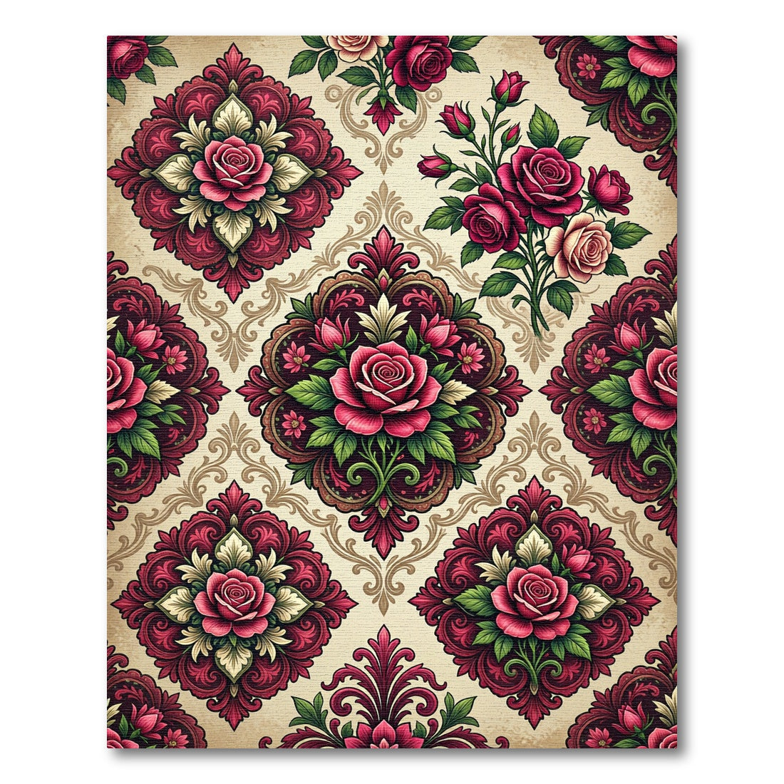 Damask Crimson Rose Floral Medallion Rug