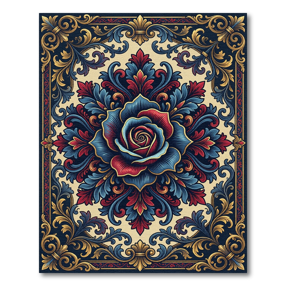 Crimson Blue Golden Floral Scroll Rug