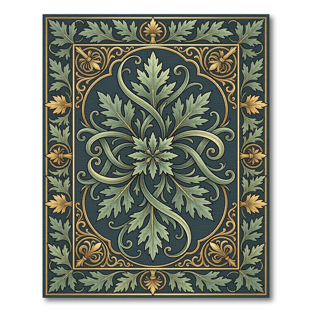 Antique Green Gold Acanthus Leaves Frame Rug