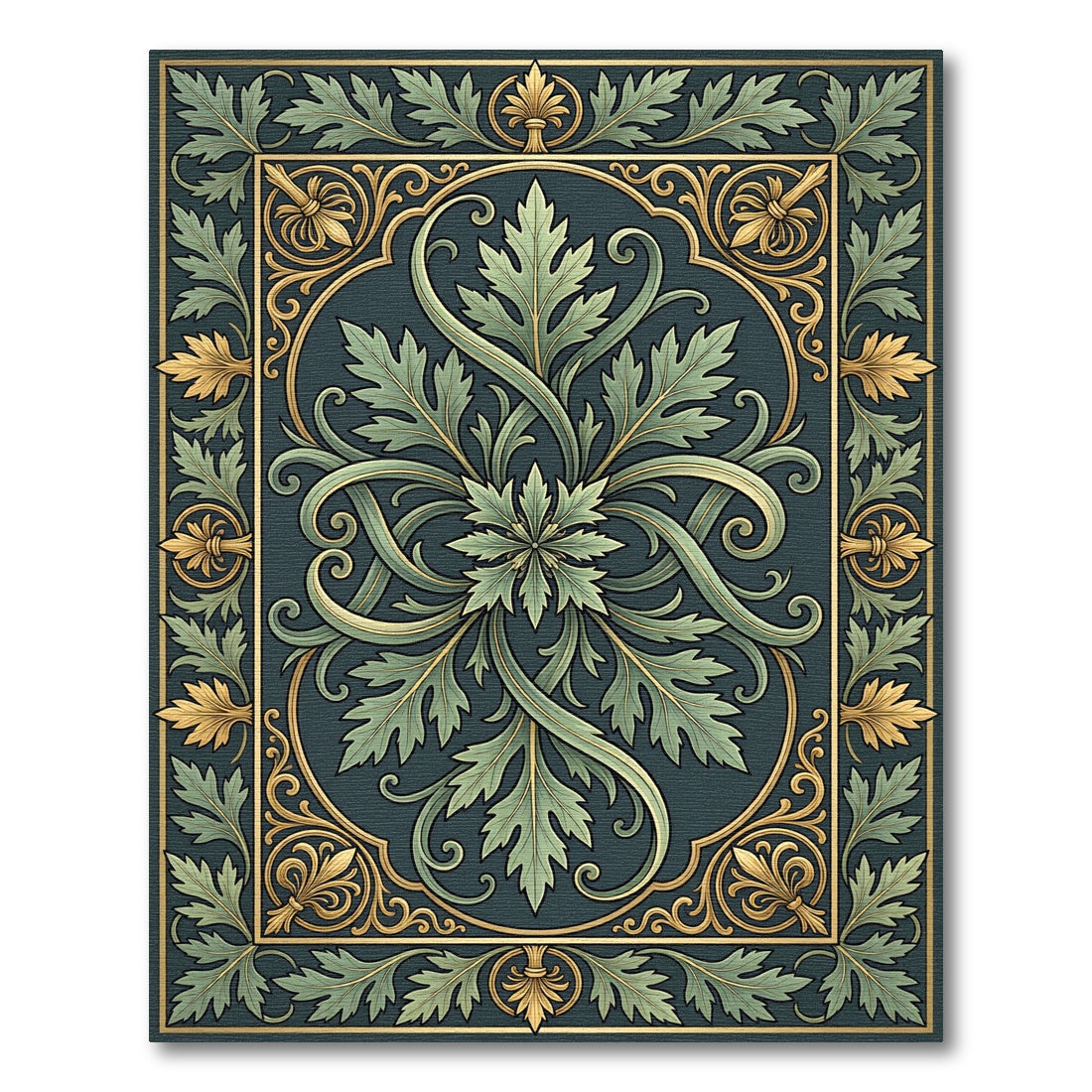 Antique Green Gold Acanthus Leaves Frame Rug