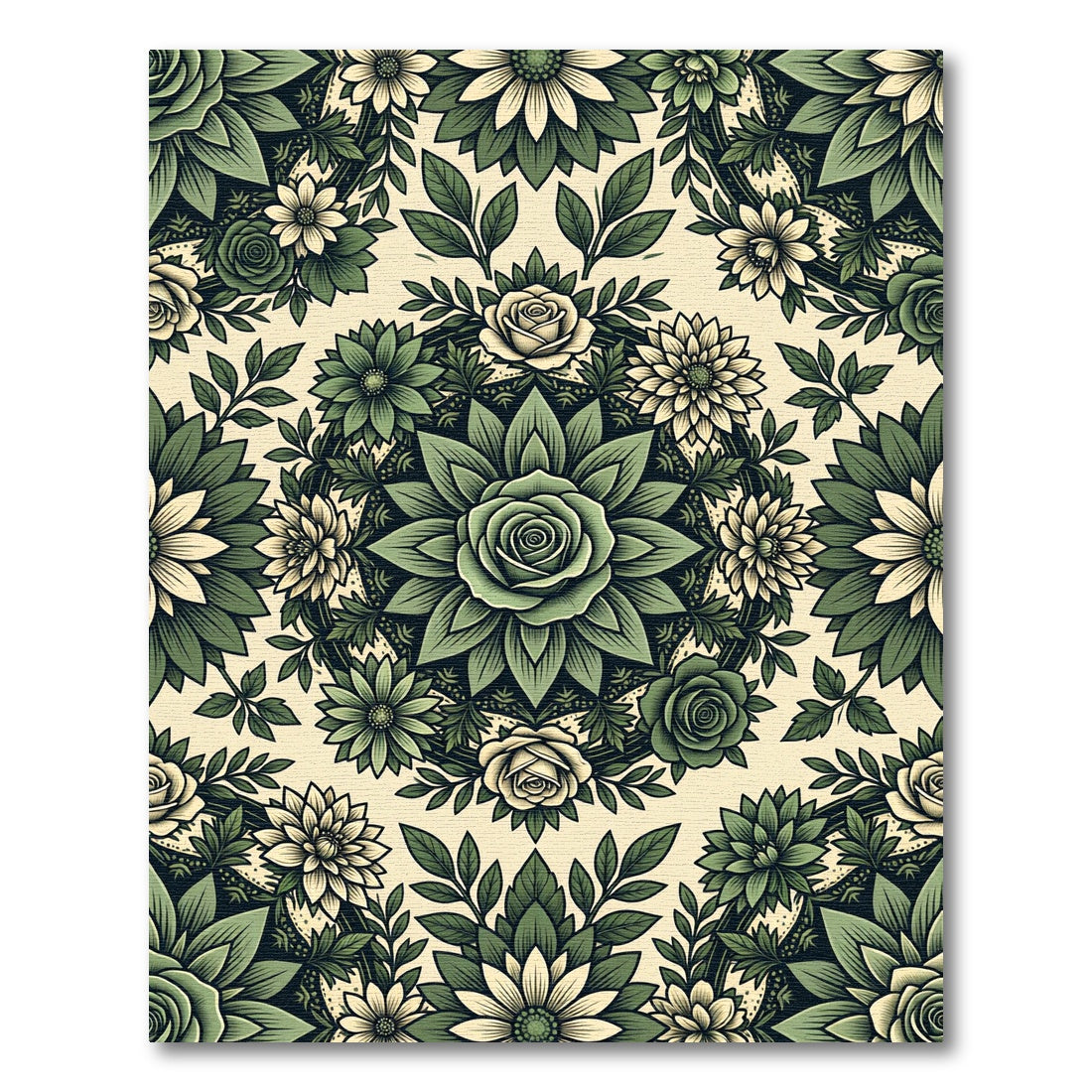 Sage Green Botanical Rose Mandala Rug