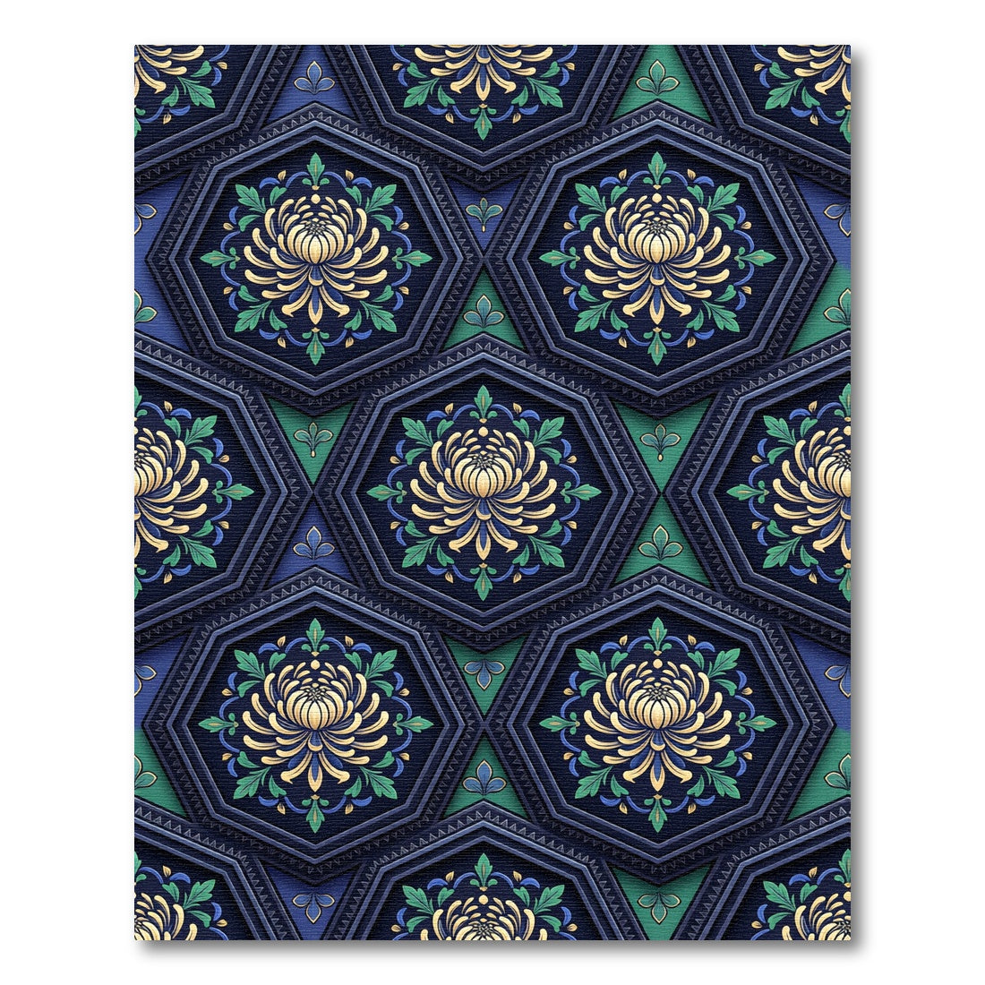 Deep Blue Golden Chrysanthemum Hexagon Rug