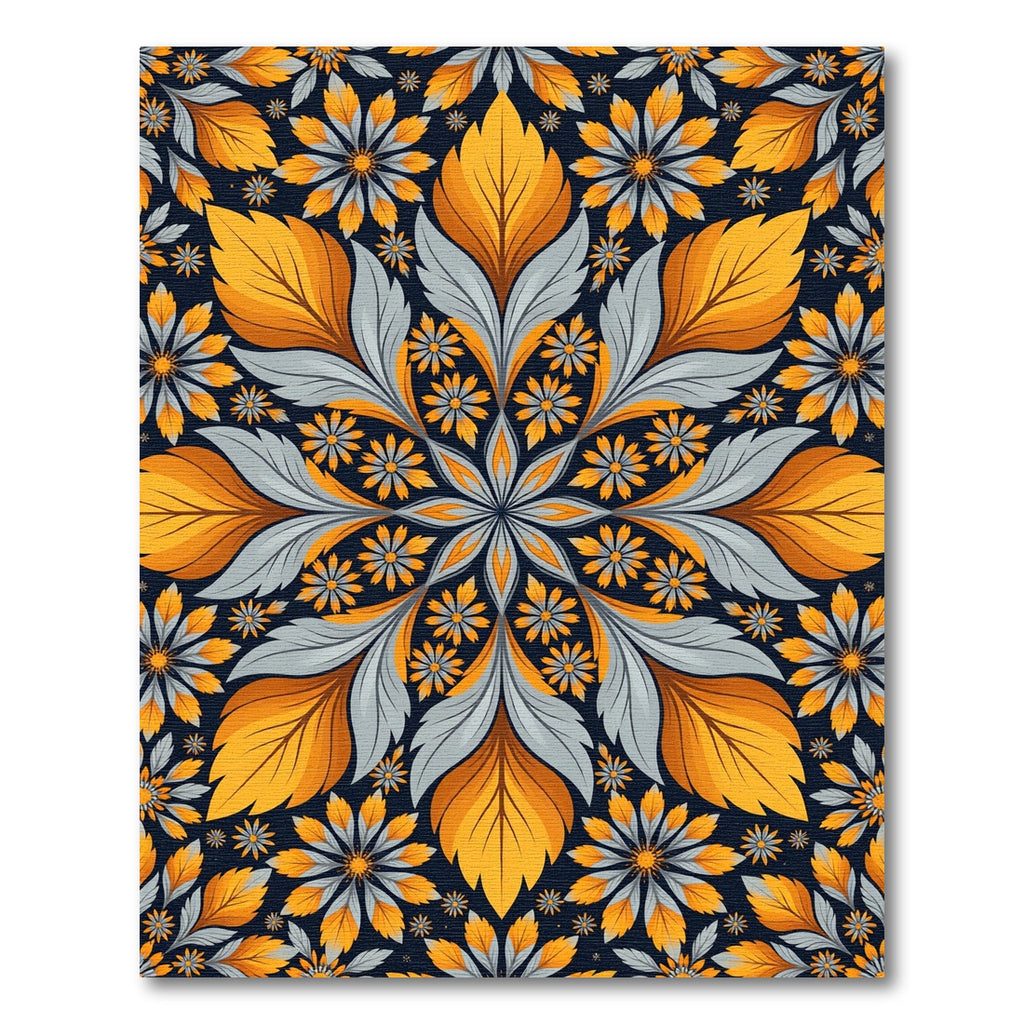 Golden Sunflower Gray Leaf Medallion Rug
