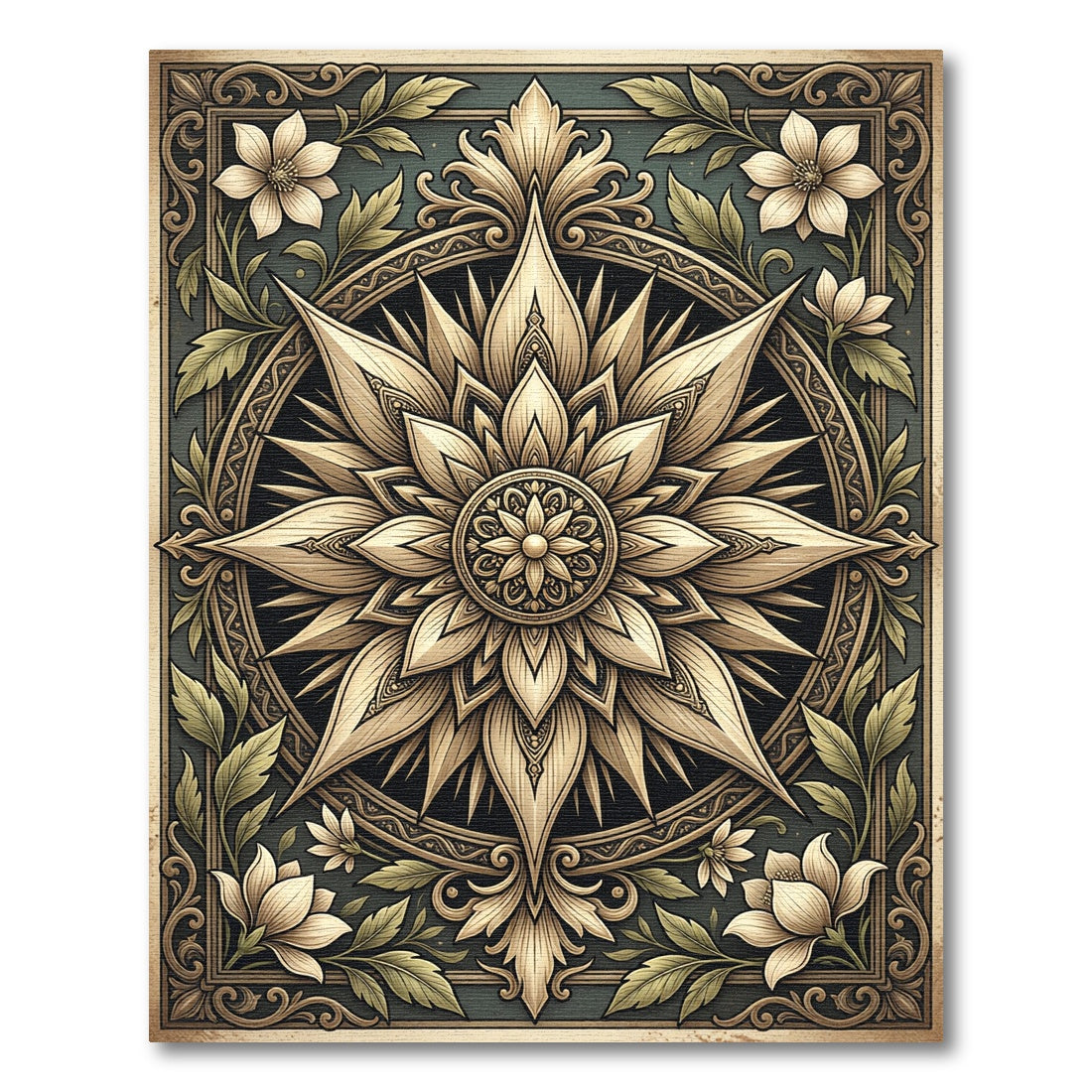 Golden Floral Medallion Leaf Frame Rug