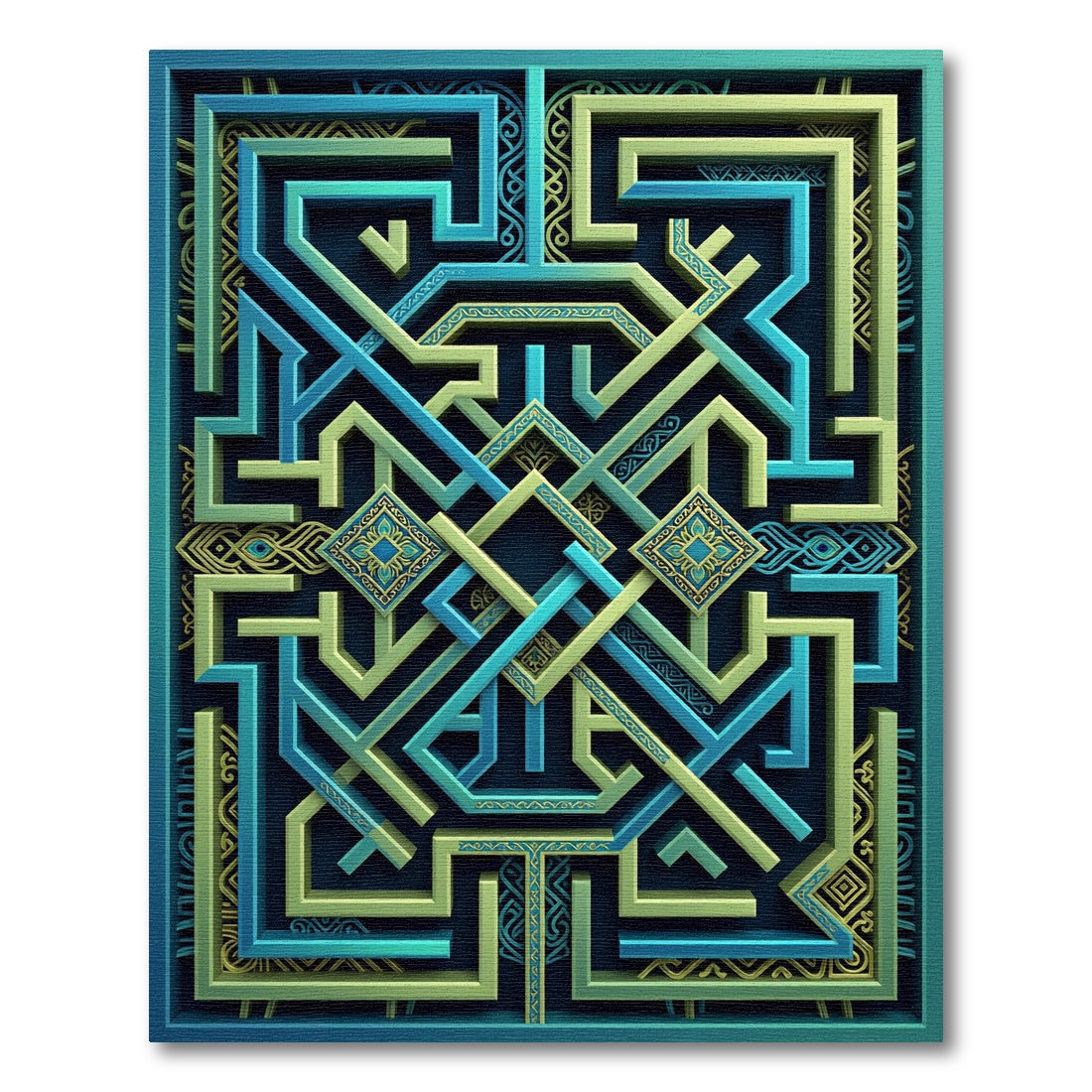 Geometric Teal and Lime Labyrinth Rug