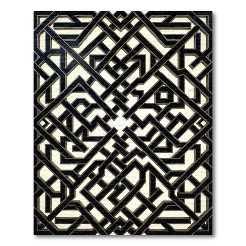 Black Monochrome Geometric Interlocking Grid Rug